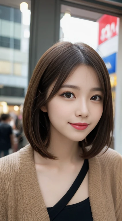masutepiece, Best Quality, Illustration, Ultra-detailed, finely detail, hight resolution, 8K Wallpaper, Perfect dynamic composition, Beautiful detailed eyes, Women's Fashion Summer,Bob in Short, Marron Beige Hair, A little bigger, Natural Color Lip, Bold sexy poses, Smile, Harajuku, 20 years girl, Cute, Sexy shot looking at camera