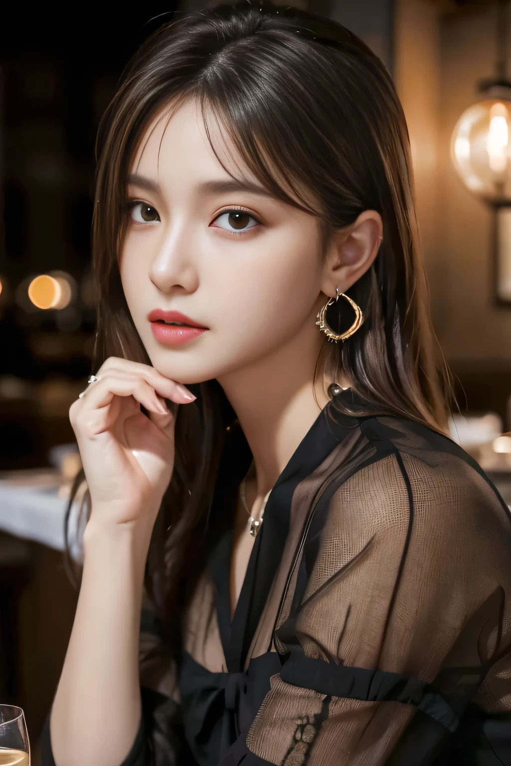 masterpiece, highest quality, Realistic, Very detailed, Finer details, High resolution, 8k wallpaper, One beautiful woman, Wear a black see-through shirt, In a great restaurant, At night, Light brown messy hair, Perfect dynamic composition, Beautiful and beautiful eyes、Big earrings