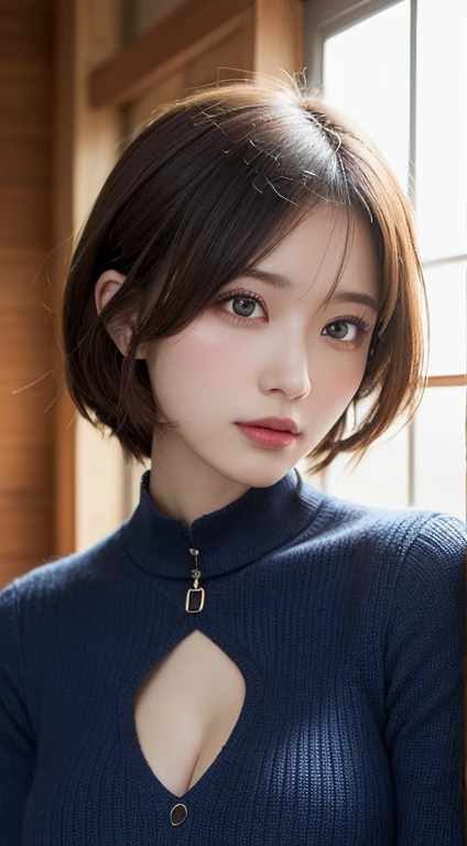 masutepiece, Best Quality, Illustration, Ultra-detailed, finely detail, hight resolution, 8K Wallpaper, Perfect dynamic composition, Beautiful detailed eyes,  Natural Lip, Dark blue knitted dress , Big breasts, cleavage, Cross legs