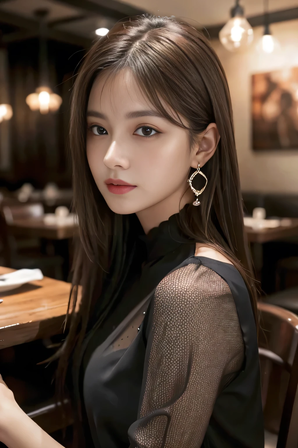 masterpiece, highest quality, Realistic, Very detailed, Finer details, High resolution, 8k wallpaper, One beautiful woman, Wear a black see-through shirt, In a great restaurant, At night, Light brown messy hair, Perfect dynamic composition, Beautiful and beautiful eyes、Big earrings