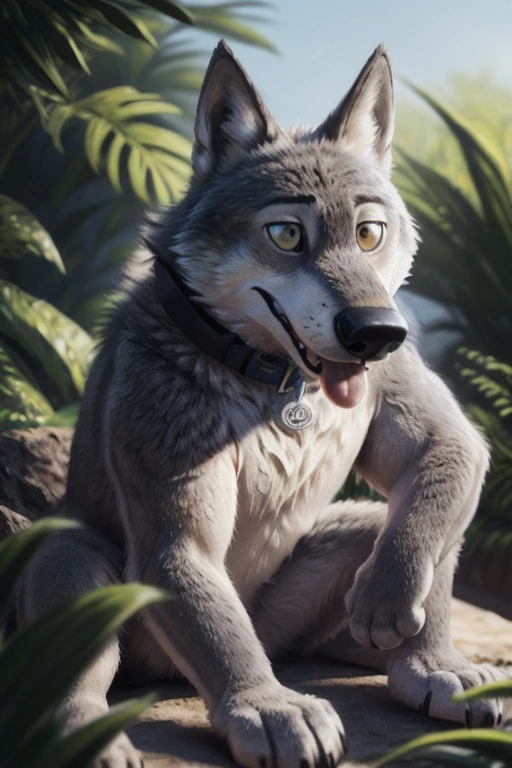 cute cartoon of a (gary \(zootopia\)) solo, wolf, gray fur, tongue out, hypnotized, techno black collar with a red light, naked, big paws, sitting on all fours, BREAK, jungle background, (intricate, high detail, film photography, soft focus, RAW candid cinema, photorealism, realistic, photorealistic, analog style, subsurface scattering, masterpiece, best quality, ultra realistic, 8k)