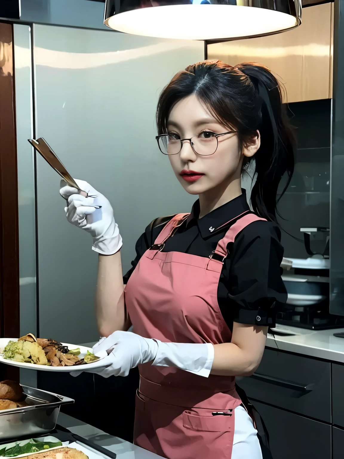 Maid outfit, cooking gloves, kitchen, High-rise luxury condo, Just woke up., Korean woman, age 27, Eyeglasses, holding food