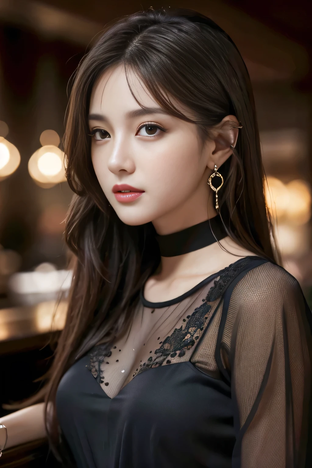 masterpiece, highest quality, Realistic, Very detailed, Finer details, High resolution, 8k wallpaper, One beautiful woman, Wear a black see-through shirt, In a great restaurant, At night, Light brown messy hair, Perfect dynamic composition, Beautiful and beautiful eyes、Big earrings