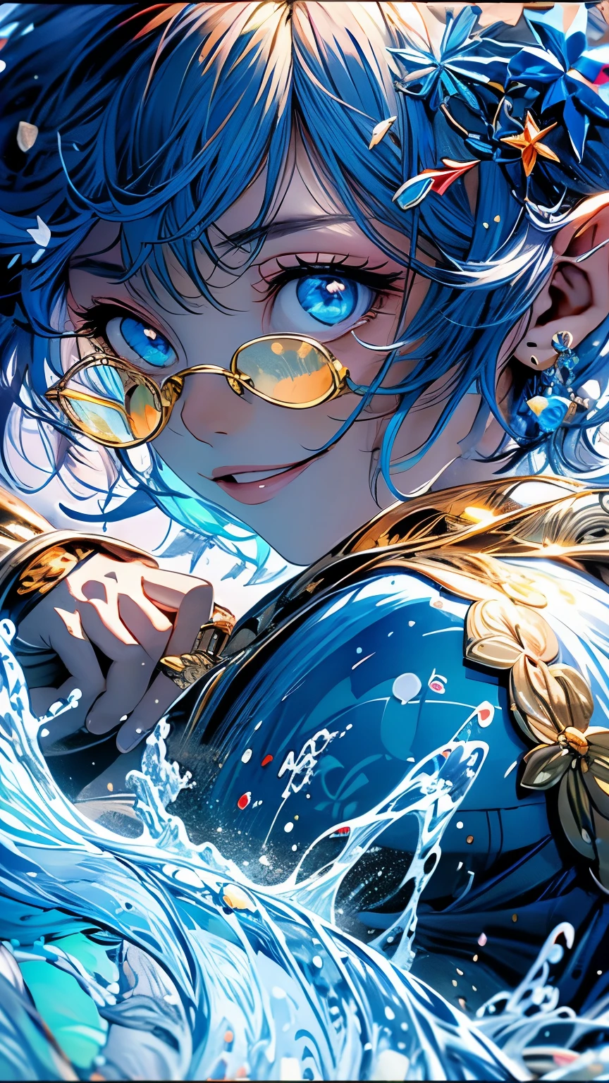 Buble，score：sex，air_Air bubbles，water中，1 Giant breasts，fish，length_hair，water没，solo，water，Princess，金hairで青い目，short_sleeve，（Impressionism：1.4），Blue colored eyes，Elf Ears，Zelda，gem，8k，CG