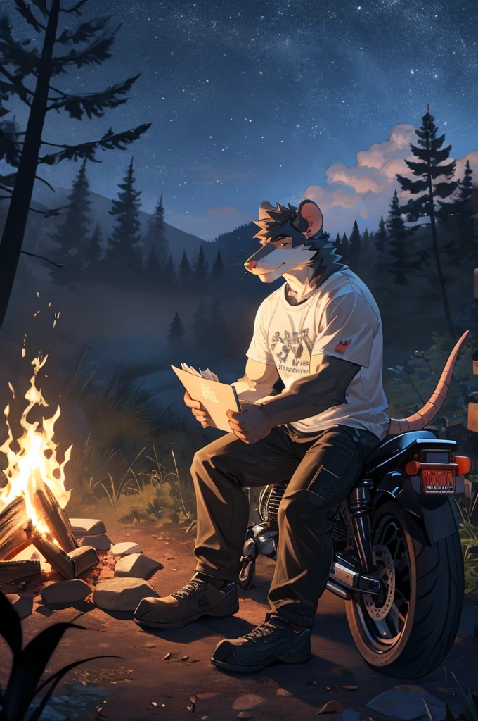 handsome male, rat, tall slinky semi muscular build, light silver long messy fringe, ((best quality)), ((masterpiece)), (detailed), perfect face, silver fur, gold eyes, detailed eyes , large baggy white t-shirt, mysterious, black shorts, black sports motorcycle, forest, campfire, night, leaning against motorcycle, holding folder, folder is on fire