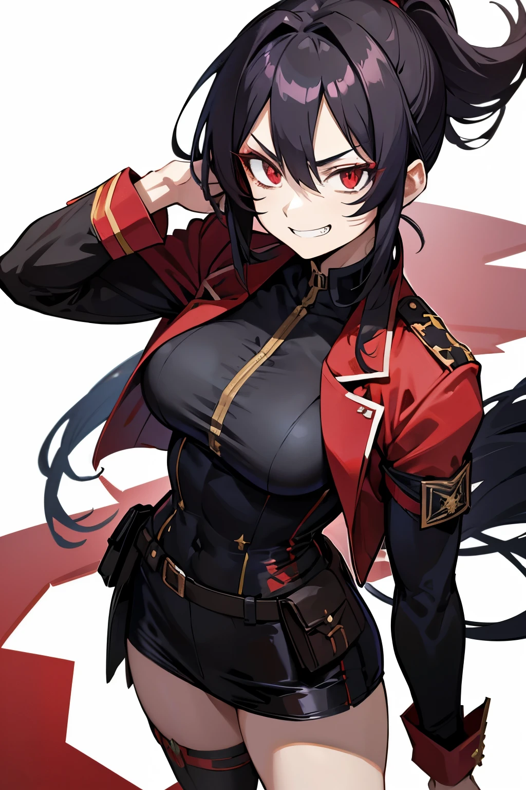 anime woman, adult body, muscular, red eyes, evil grin crazy, very messy black ponytail, military outfit, big chest
