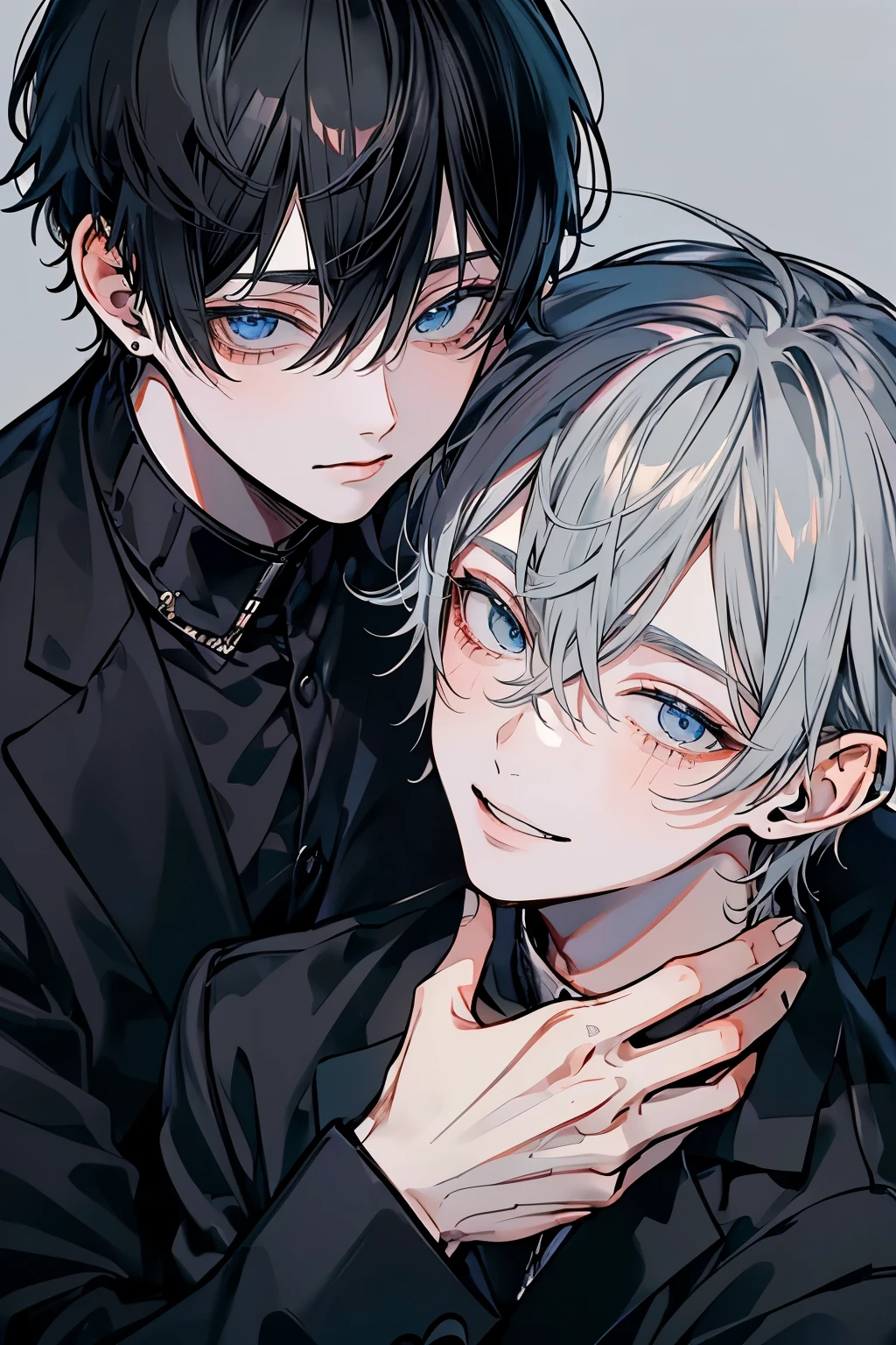 (Mastepiece), (Best Quality), Very detailed, ((Two men intimate:1.5)), Perfect Face, Beautiful Face, Very detailedな顔,(Black-haired man:1.3),(Grey-haired man:1.3)、suit、(Happy Face:1.2)、(smile:1.3)