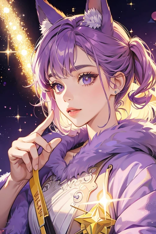 She is a purple animal with a yellow oval nose. SPARKLE; GLITTER
