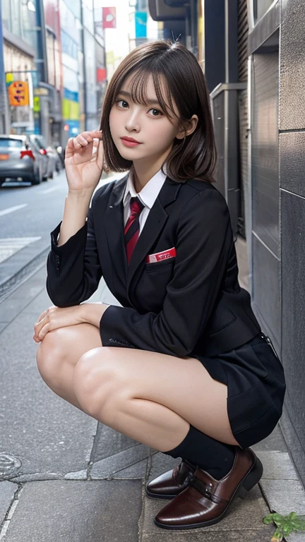 in 8K,top-quality,Real Image,intricate detailes,super A high resolution,Depth Field,masuter piece,natural soft light,profetional lighting,one girl in,cool beauty,an extremely beautiful 18-year-old girl,A detailed eye,((Brown-eyed)),(Black hair),(short-haired),(bangss),flawless skin,shinny skin,fair white skin,Fine skin,large full breasts,((perfect anatomia,nice hand,perfect hand,Five fingers connected to the palm of the hand,accurate hands without incongruity)),Perfect raw legs,delicate legs,perfectly proportions,A sexy,Chest visible,((Japan uniform)),((School Uniforms mini Skirt)),(neck tie),Black socks,Chano Leather Shoes,Squatting deep in the city,The crotch is visible,Show me your panties around town,,The legs are spread in an M shape,,I can see panties,Delicate thighs visible from the front
