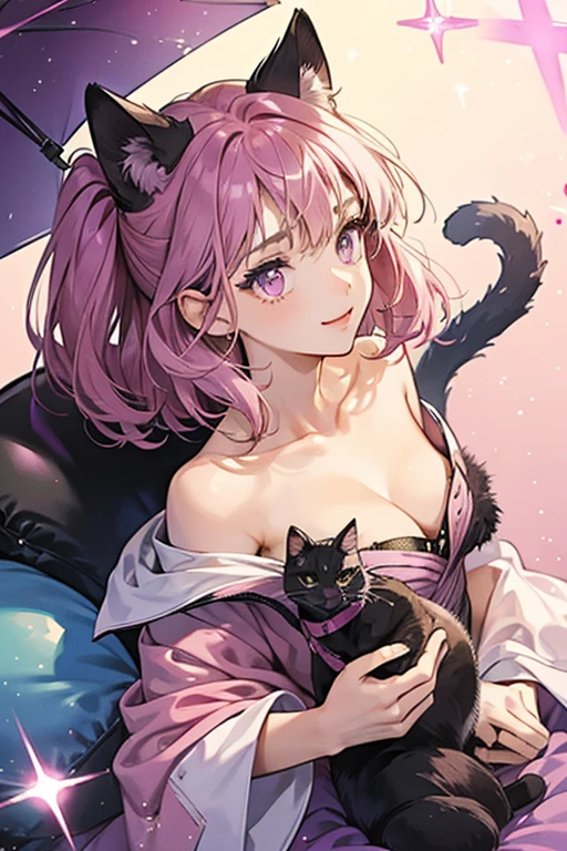 she is a pink-and-purple tortoiseshell cat. Her charm point is her glossy cat hair. SPARKLE; GLITTER