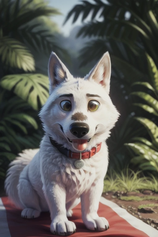 cute cartoon of a (gary \(zootopia\)) solo, wolf, white fur, tongue out, hypnotized, techno black collar with a red light, naked, big paws, sitting on all fours, BREAK, jungle background, (intricate, high detail, film photography, soft focus, RAW candid cinema, photorealism, realistic, photorealistic, analog style, subsurface scattering, masterpiece, best quality, ultra realistic, 8k) looking ahead