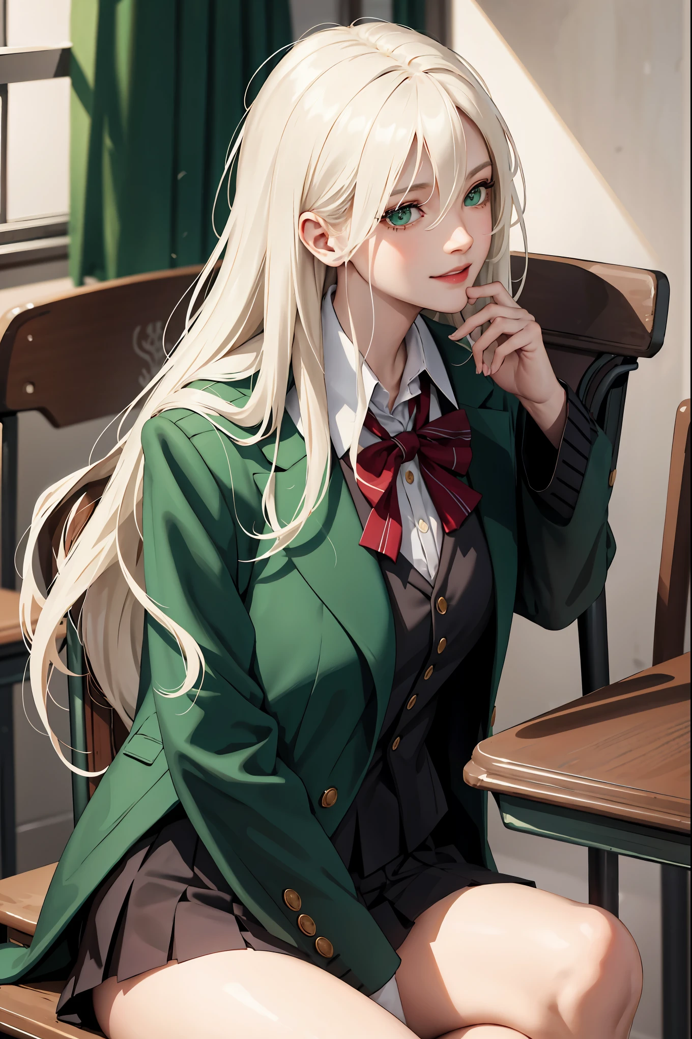 (masterpiece:1.2, best quality), (real picture, intricate details), 1lady, solo, upper body, showing legs, sitting down, school, school settings, long hair, minimal makeup, detailed face, smiling, really long platinum blonde hair, bangs, hair between eyes, green eyes, big plump breasts, big breasts, big ass, SFW, clothes, Slytherin, Slytherin clothes, Hogwarts, Hogwarts clothing, (school classroom), (face closeup)