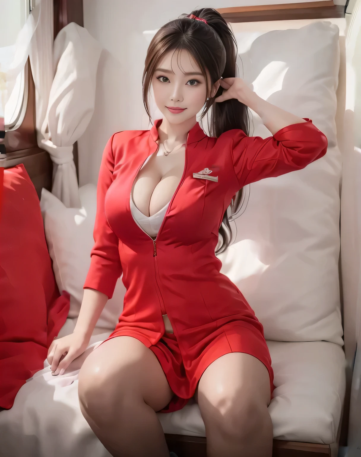 AirAsia red jacket uniform、(AirAsia uniform white shirt unbuttoned)、(AirAsia uniform shirt cleavage reveals big boobs)