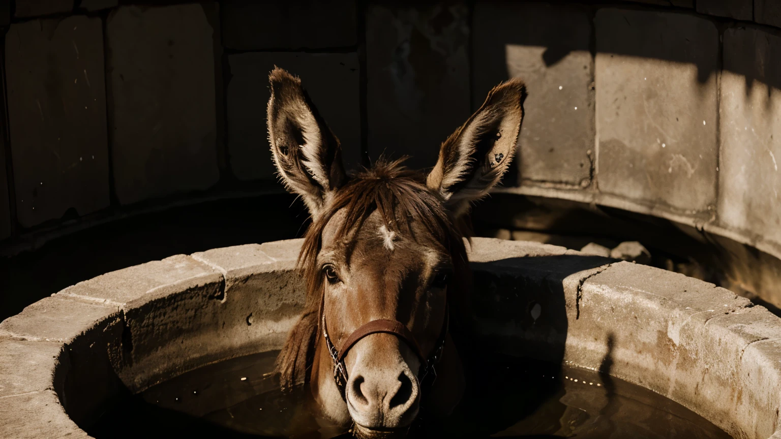 The donkey at the bottom of the well with an expression of despair.
Text: "Desperate and Trapped"
