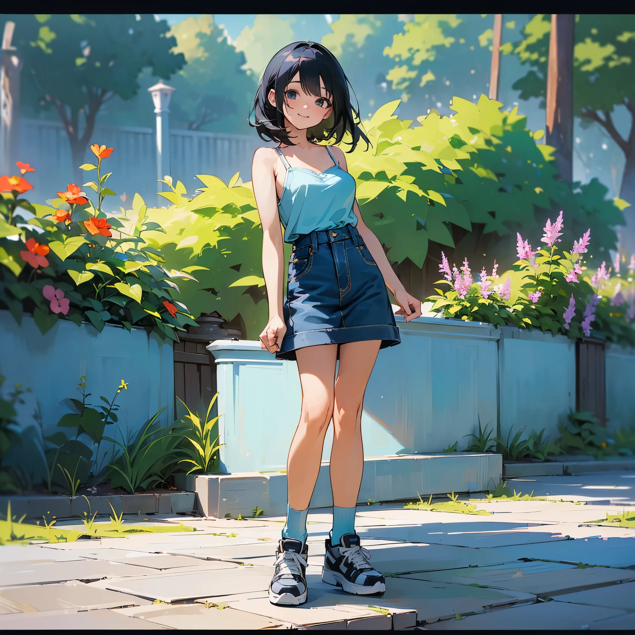 (high quality, High resolution, Very detailed, reality:1.37), Peaceful atmosphere, (Outdoor, garden), Teenage girl standing alone, (my breasts are big.), Beautiful details, Cute Smile, (Black bob hair), camisole, Denim skirt, Blue socks, sneakers.