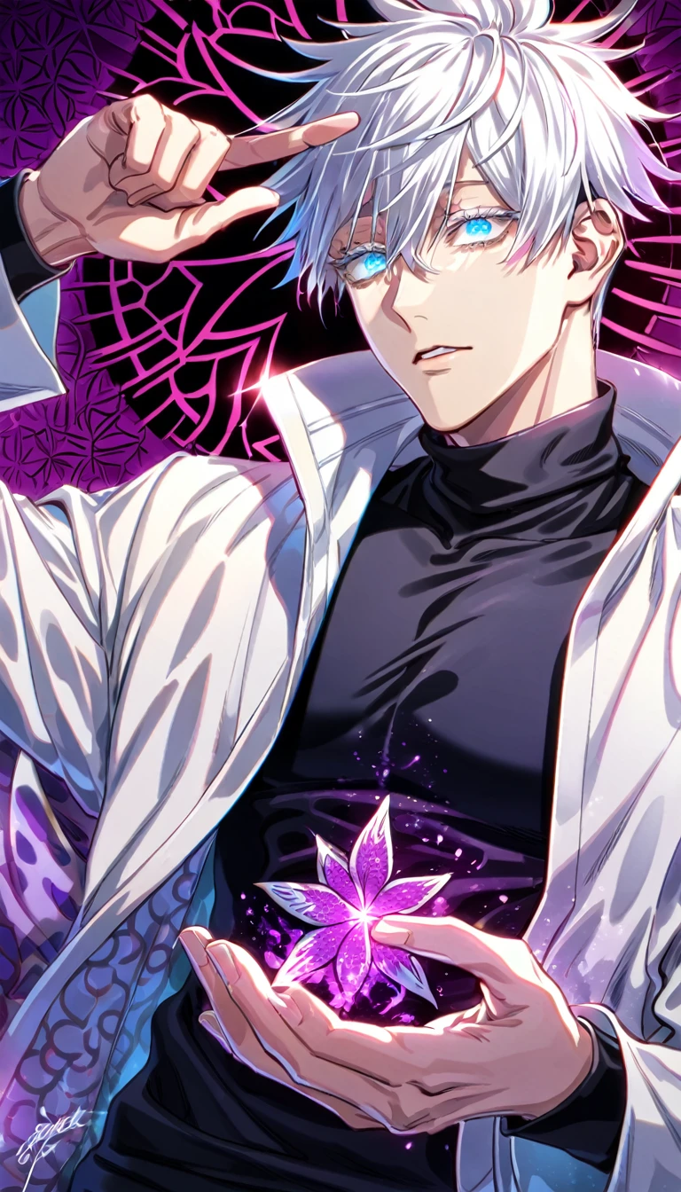 absurdres, highres, ultra detailed, HDR, master piece, best quality, Gojo Satoru, white hair, with bangs, hair between the eyes, expressive blue eyes, white eyelashes, Jujutsu Kaisen, solo, sexy man, handsome, toned chest, white coat, black shirt, patterns, magical, fantasy, purple background, purple flowers, shining, purple petals