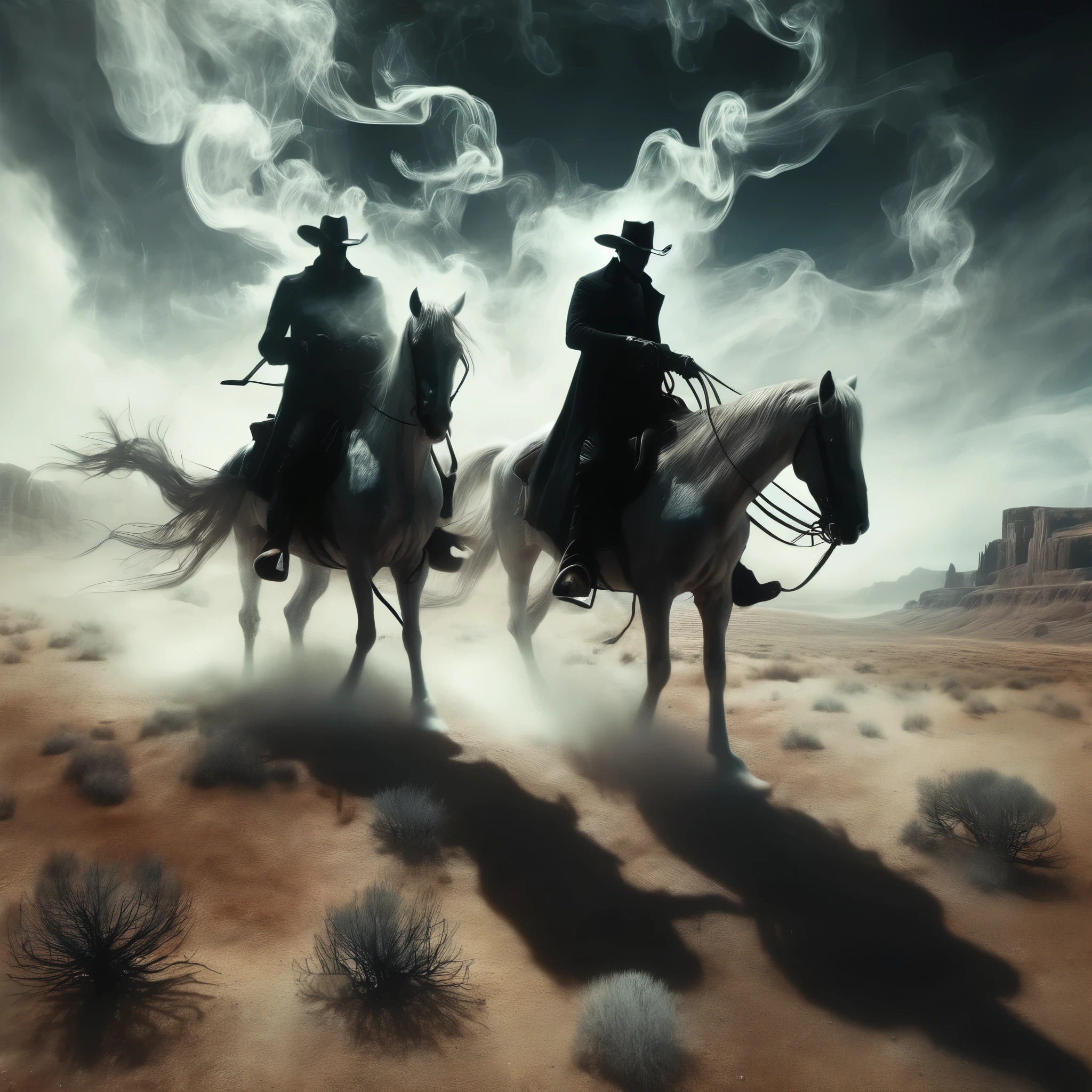 A high-noon showdown between a spectral cowboy and a gunslinger, inspired by the dynamic styles of Frank Frazetta and Salvador Dalí.