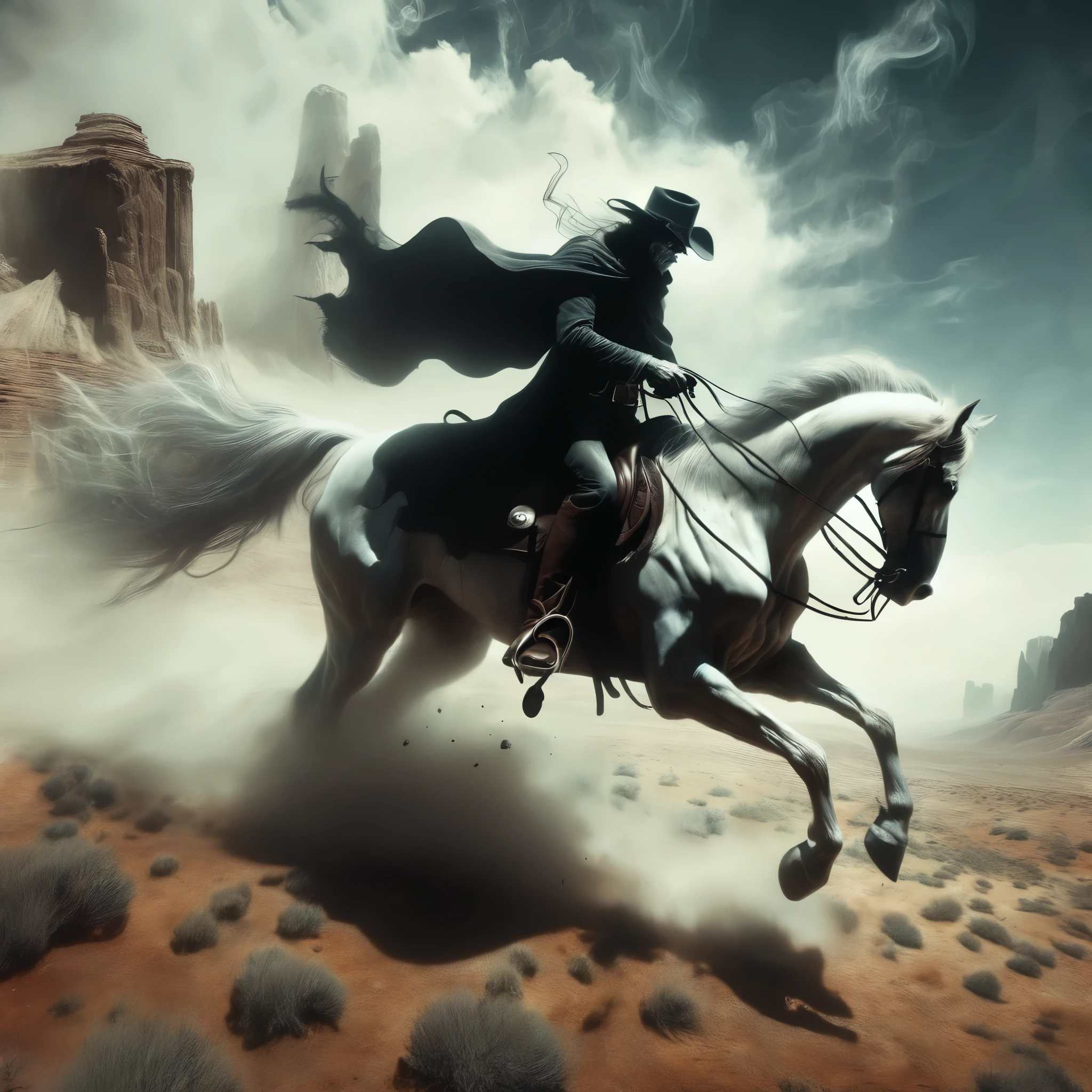 A high-noon showdown between a spectral cowboy and a gunslinger, inspired by the dynamic styles of Frank Frazetta and Salvador Dalí.