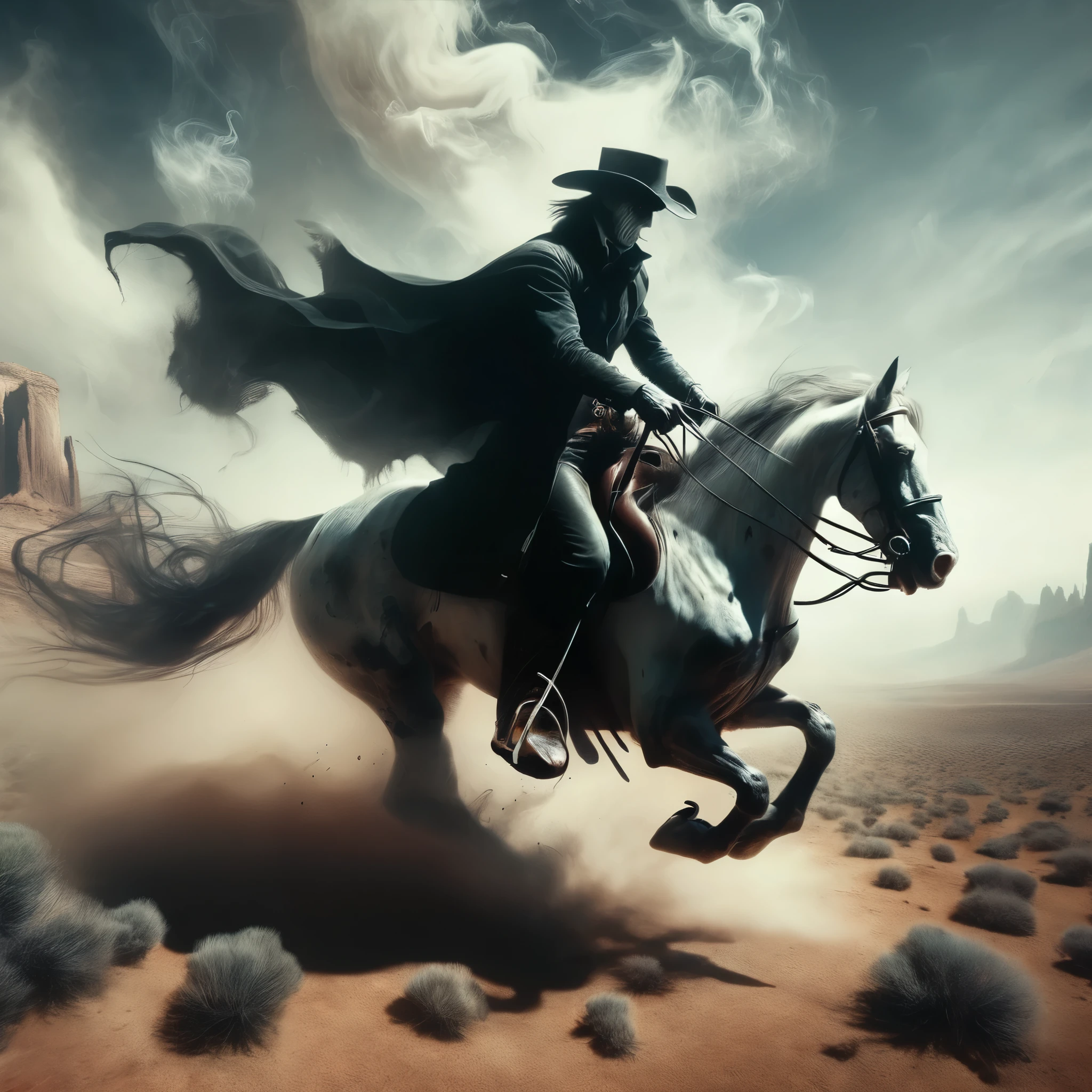 A high-noon showdown between a spectral cowboy and a gunslinger, inspired by the dynamic styles of Frank Frazetta and Salvador Dalí.