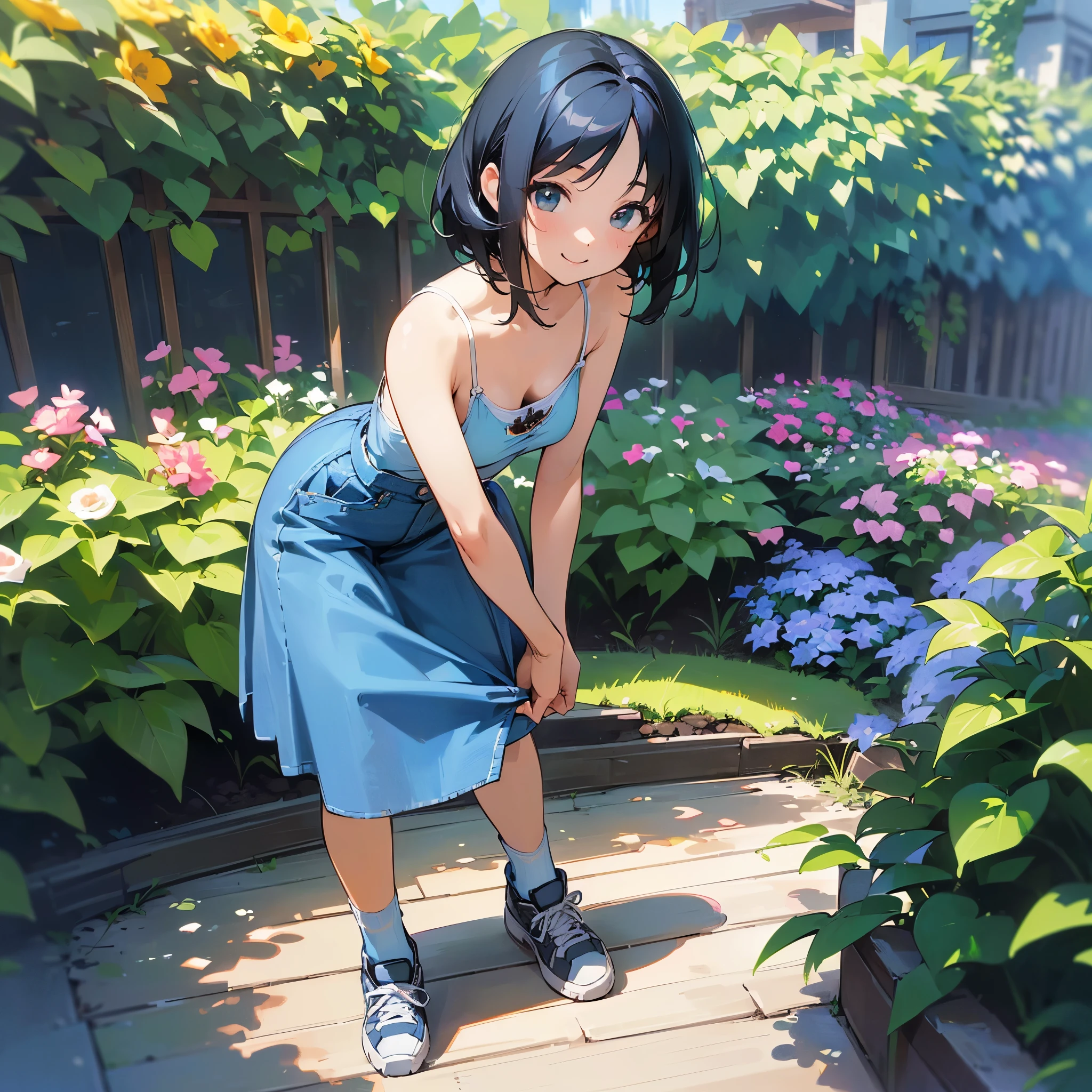 (high quality, High resolution, Very detailed, reality:1.37), Peaceful atmosphere, (Outdoor, garden), age girl standing alone, (my breasts are big.), Beautiful details, Cute Smile, (Black bob hair), camisole, Denim skirt, Blue socks, sneakers.