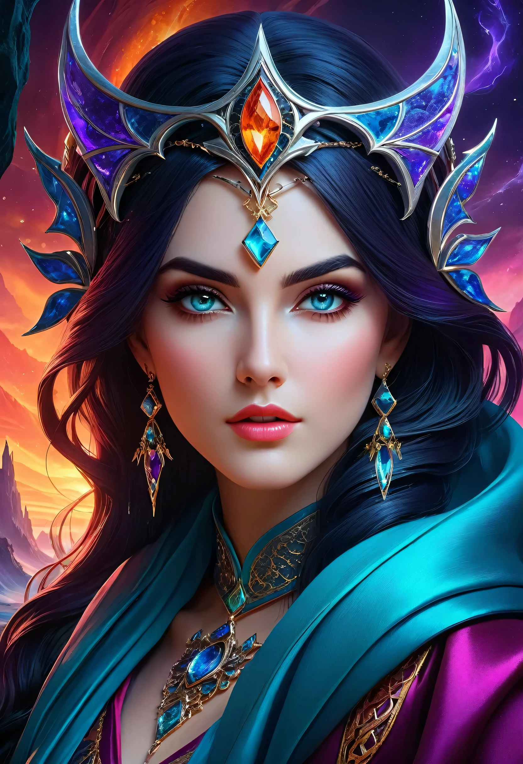 spellbinding sorceress portrait!
"Stunning sorceress with piercing eyes, casting a spell in flowing robes, evocative pose, against a surreal fantasy landscape. Vibrant colors, dramatic lighting, and rich textures create an ultra-detailed, otherworldly atmosphere.", (colorful fantasy 1.2), detailed, realistic face, digital portrait, in the style of Anna dittmann,artstation, hd, octane render, hyperrealism