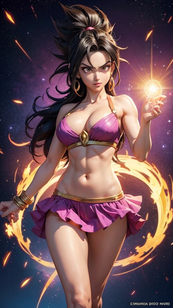Caulifla guerrera saiyajin, dragon ball super, sexy, hermosa, poderosa, abdomen tonificado, cuerpo muy delgado, skinny body, pose de combate, fondo espacial, planetas, luz resplandeciente, light energy, aura personal iluminada color dorado.