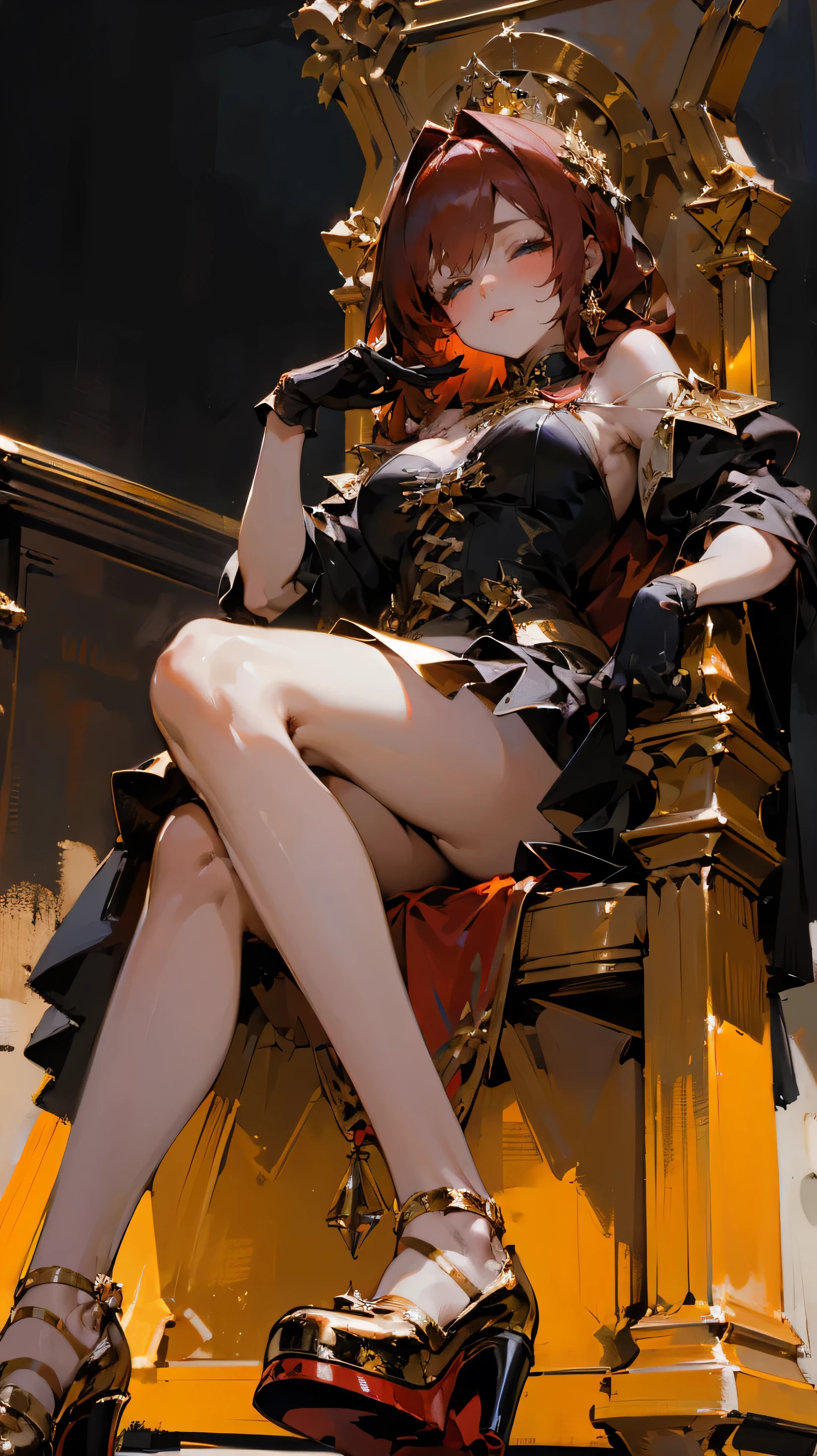 ((best quality)),Gold Dress，anger， Jewelry Packaging)),((1 Obese girl))From below，Cross your legs，Dark red hair，Platform shoes，Sleeping on the throne，luxury，((Gloves))，（Nikolai Fehin），( Fisher, )，The background is a banquet，luxury，drinks，Lace-up high heels