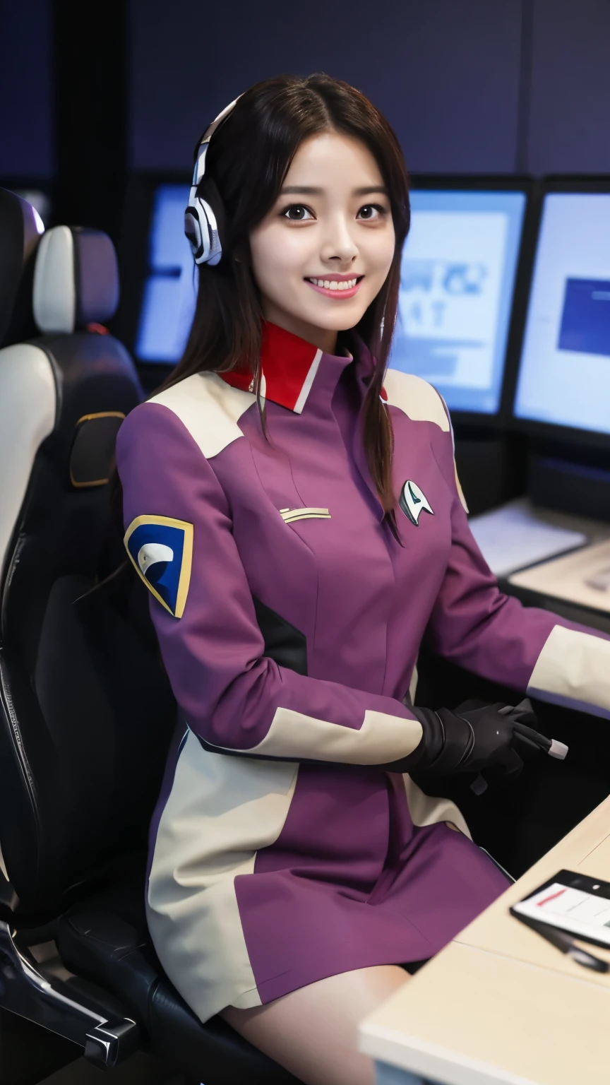 Tabletop, highest quality, 8k、(Golden ratio face、Balanced Eyes、Very gentle eyelids)、double eyelid、Innocent face、Young Face、Beautiful nose、Embarrassed laugh、Lip gloss 、Very beautiful girl、Beautiful girl solo like a model、 Wearing Starfleet uniforms, Starfleet uniform、Clear costume design、Blue Hair、Put the headset on your head、Skirt、pantyhose、Android、battleship cockpit,ＳＦworld,Anime World Girl、Futuristic Background、