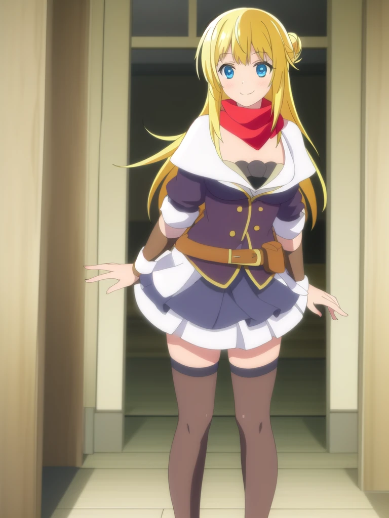(((Best quality))),((Ultra-detailed)),((illustration)),((Disheveled hair)),((frilld)),(1 girl),
1girl,black legwear,blonde hair,braid,breasts,cape,cleavage,blue eyes,hair bun,indoors,long hair,medium breasts,red scarf,scarf,skirt,sliding doors,smile,solo,standing,tatami,thighhighs,white skirt,window,wristband,