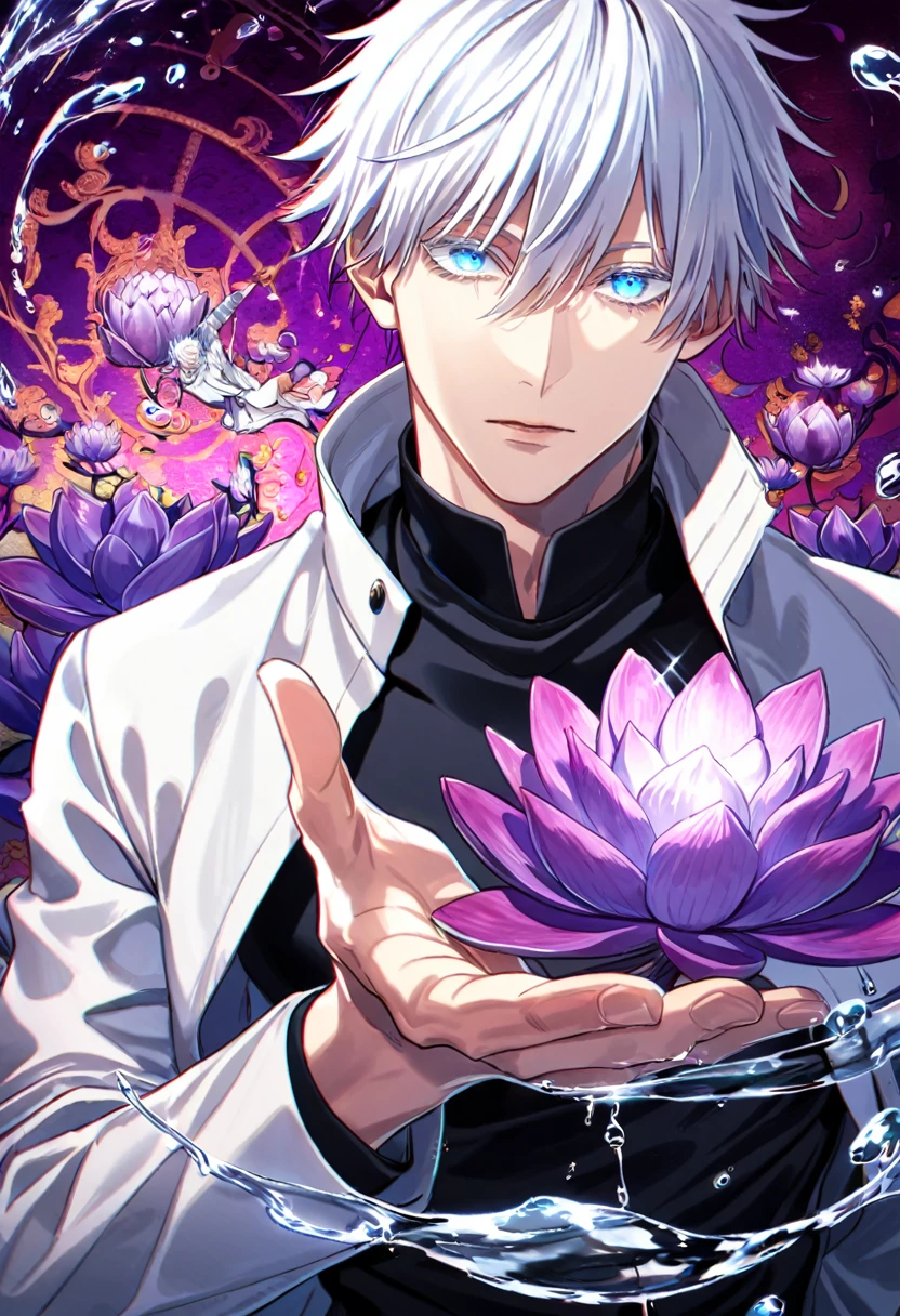 absurdres, highres, ultra detailed, HDR, master piece, best quality, Gojo Satoru, white hair, with bangs, hair between the eyes, expressive blue eyes, white eyelashes, Jujutsu Kaisen, solo, sexy man, handsome, toned chest, white jacket, black shirt, patterns, magical, fantasy, purple background, purple lotus, shining, purple petals, water