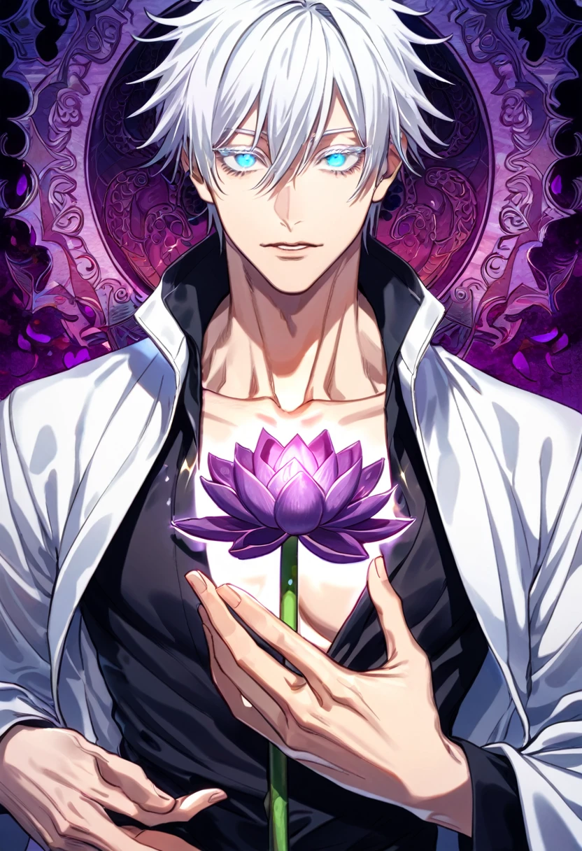 absurdres, highres, ultra detailed, HDR, master piece, best quality, Gojo Satoru, white hair, with bangs, hair between the eyes, expressive blue eyes, white eyelashes, Jujutsu Kaisen, solo, sexy man, handsome, toned chest, white jacket, black shirt, patterns, magical, fantasy, purple background, purple lotus, shining, purple petals, water