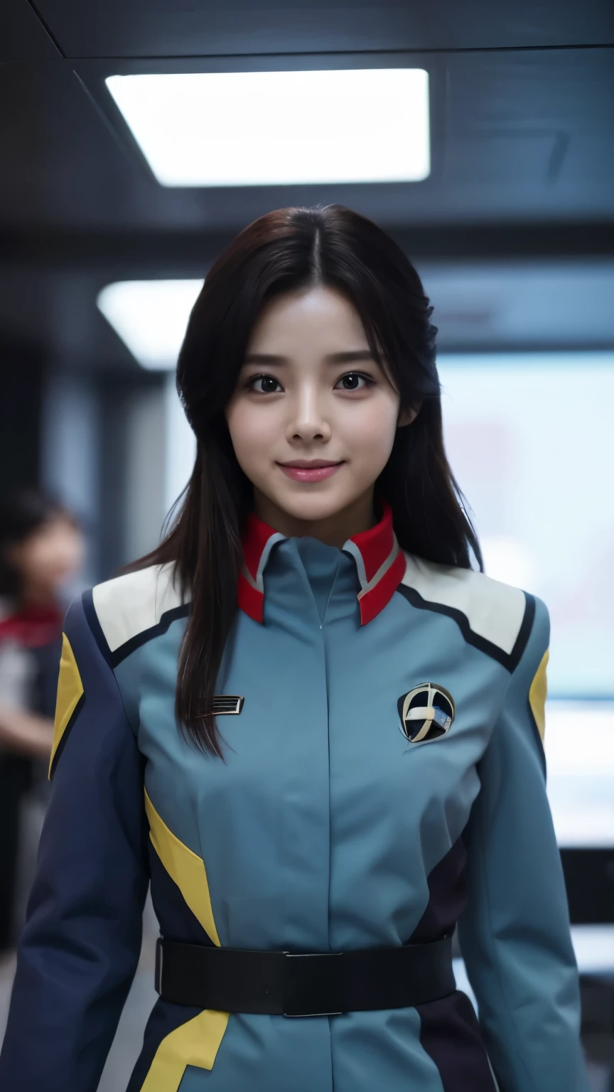 Tabletop, highest quality, 8k、(Golden ratio face、Balanced Eyes、Very gentle eyelids)、double eyelid、Innocent face、Young Face、Beautiful nose、Embarrassed laugh、Lip gloss 、Very beautiful girl、Beautiful girl solo like a model、 Wearing Starfleet uniforms, Starfleet uniform、Clear costume design、Blue Hair、Put the headset on your head、Skirt、pantyhose、Android、battleship cockpit,SFworld,Anime World Girl、Futuristic Background、