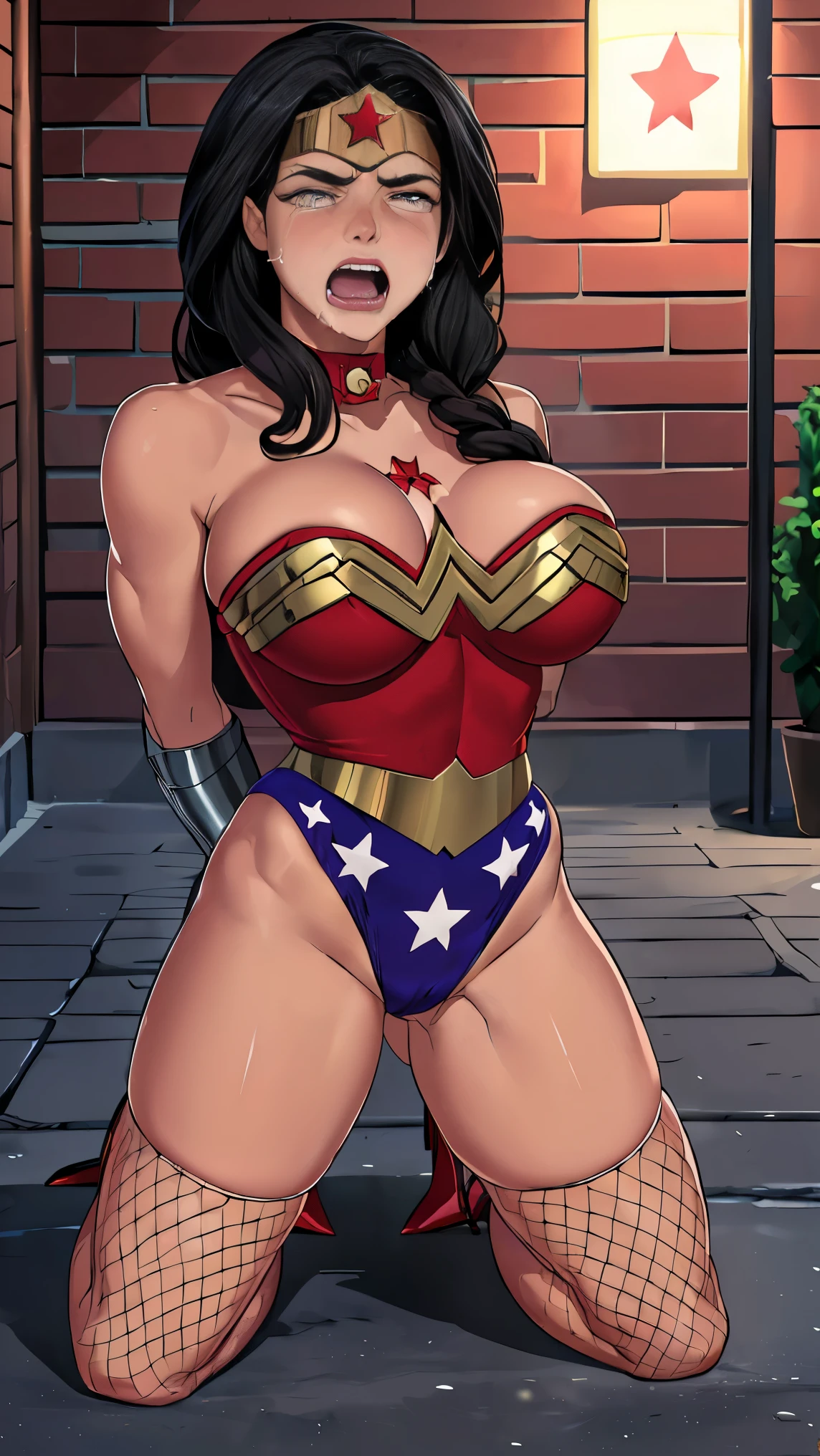 Alta qualidade,obra de arte,detalhado(((full body view))), (((mulher maravilha se prostituindo, in the dirty alley, at night))) ,((SUPERHEROINE wonder woman in pantyhosefishnet, stilettos high heels, calcinha rendada, lace bra, ela esta pelada,nua,breasts showing)), ((emotional expression,expression of pain and despair, gritando de dor, Expression of suffering, olhos arregalados)),(Wonder Woman forced to dance ballet), (She's crying a loa tem cabelo preto, ela tem cabelo longo)), ((She wears a thick dog collar around her neck)), (obra-prima, melhor qualidade) 1.5, 1 garota, sozinho, (sensual, mulher bonita, rosto perfeito, olhos perfeitos), corpo inteiro. ((She is wearing starry lace panties)), tears running down your face)), ((Mulher Maravilha em cativeiro amarrado ,arms are tied behind the back, em seguida, using some fixation method, like a rope or chain that runs from the wrists to an attachment point above, their arms are raised behind them until the person is forced to bend forward)), (((emotional expression,expression of pain and despair, gritando de dor, Expression of suffering, olhos arregalados, expression of fear, corpo se contorcendo de dor))))