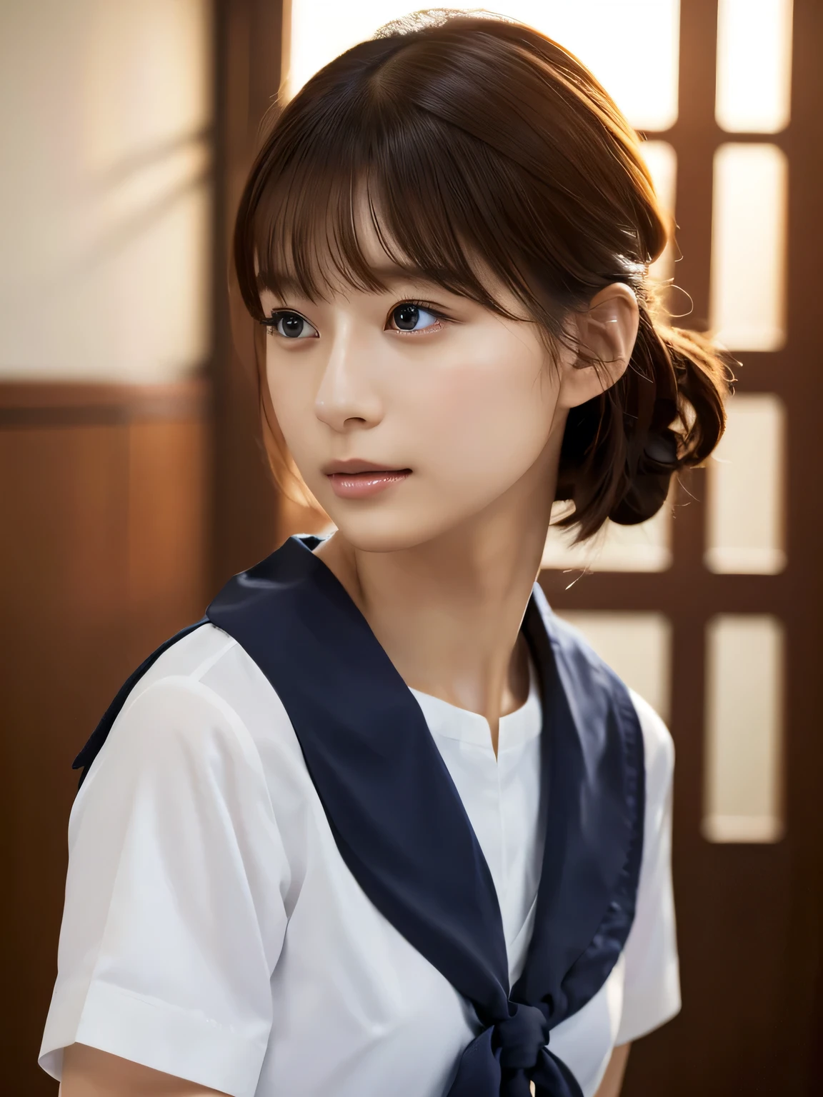 
((masterpiece, highest quality, High resolution)), 1 girl, (Realistic: 1.4), (Very detailed), (Very detailed美しい顔), Realistic Skin, Look forward, japanese sailor suit, Great face and eyes, iris,Medium Hair, Black Hair, (Sailor suit, school uniform:1.2), Short sleeve,Smooth, very detailed CG synthesis 8k wallpaper, High resolution RAW color photos, Professional photography, Light, BackLight, dream-like, impressive, Written boundary depth、Japanese Classroom、