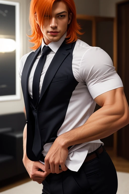 best quality,masterpiece,Ultra high detail,A handsome muscular man, orange haired Ichigo, in sexy suit