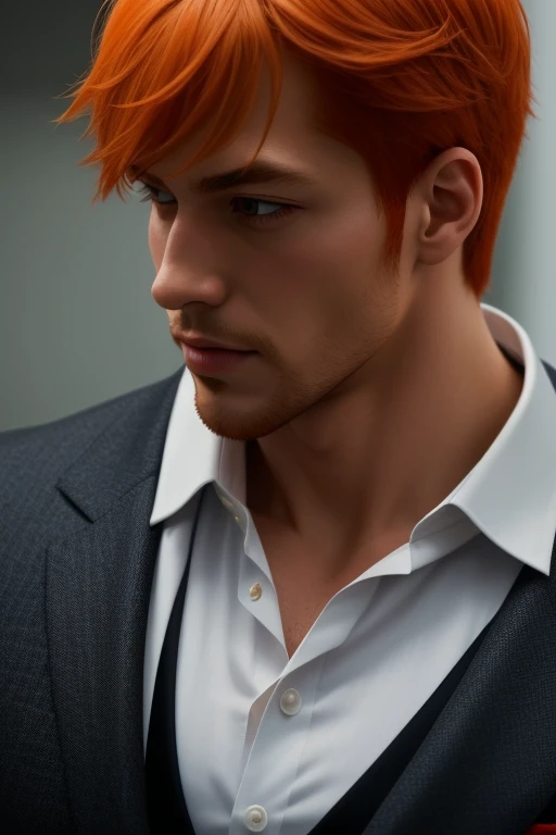 best quality,masterpiece,Ultra high detail,A handsome muscular man, orange haired Ichigo, in sexy suit