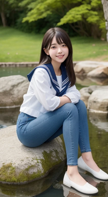 A smiling girl,In sailor suit,Blue skinny jeans,Sitting on a large rock by the pond,com rosto detalhado,The eyes are delicate,The photo quality is the best,Realistic image quality,Background diffuse lighting,Depth of field display。