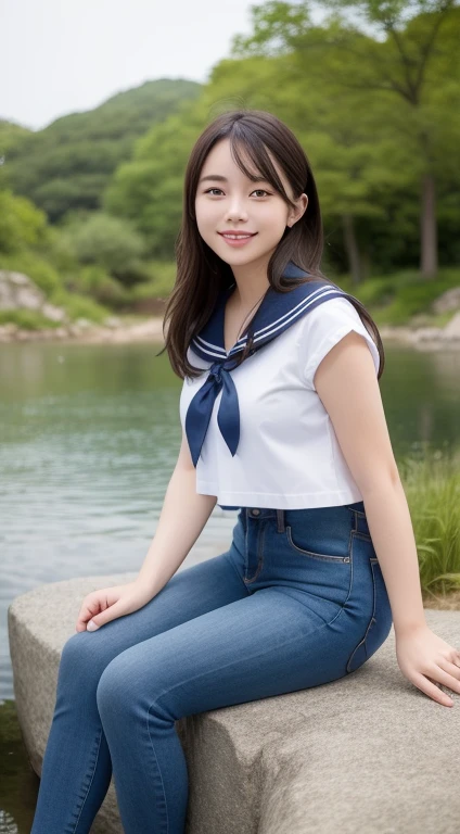 A smiling girl，In sailor suit，Blue skinny jeans，Sitting on a large rock by the pond，com rosto detalhado，The eyes are delicate，The photo quality is the best，Realistic image quality，Background diffuse lighting，Depth of field display。