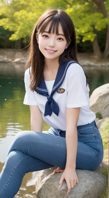 A smiling girl,In sailor suit,Blue skinny jeans,Sitting on a large rock by the pond,com rosto detalhado,The eyes are delicate,The photo quality is the best,Realistic image quality,Background diffuse lighting,Depth of field display。