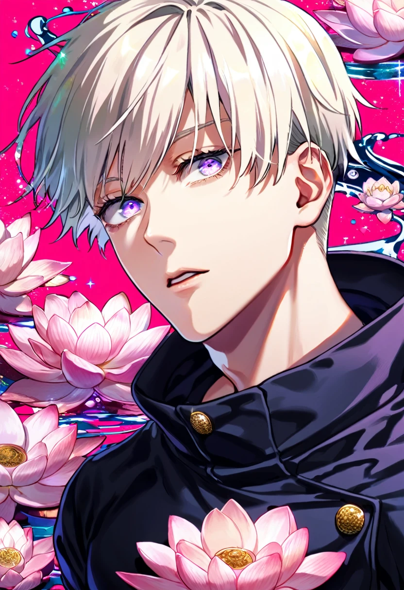 Ultra detailed, Highres, absurdres, HDR, Inumaki Toge, platinum-blond hair, expressive purple eyes, black coat with patterns, Jujutsu Kaisen, black tight shirt, fantasy, glittering, pink petals, handsome, sexy man, solo, very detailed eyes and face, master piece, glittering, pink lotus, water, toned chest, pink background