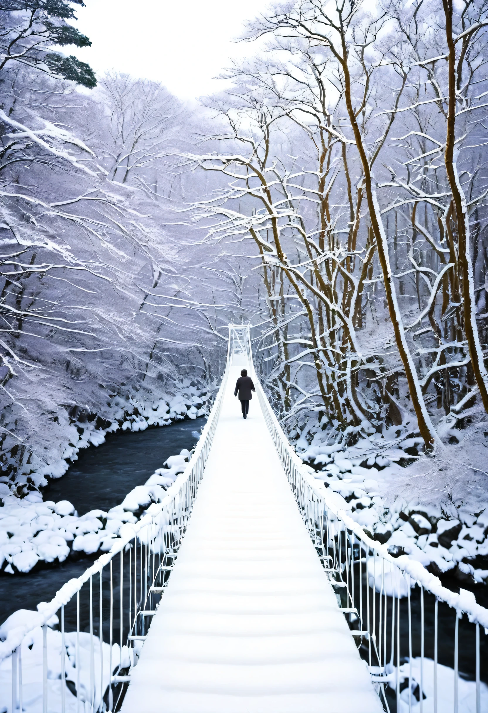 A fifty-year-old man crossing a bridge over a river in a snowy forest, aomori japan, Japanese Nature, Winter Setting, Japan Deeper Journey Exploration, Snowy Winter, A complex landscape, ❤🔥🍄🌪, Japan Countryside Travel, Colorfully magical crystal bridge, He didn't come, Ibaraki Prefecture, Winter Wonderland, Cold but beautiful, Very beautiful