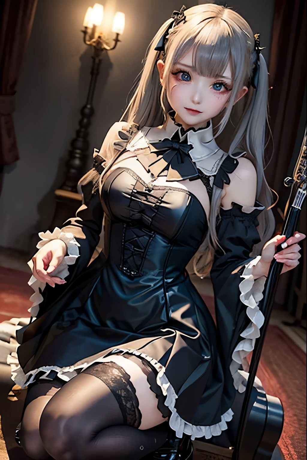 ハードDark Gothicメイク、Deep Night Sky、Horror、Black dark eyeshadow、cry、sad、Good skin radiance、Dark Gothicメイク、Dark smile、palace、The beauty of fragrance、24-years-old、Expressions of intense sexual pleasure、Embarrassed look、Dark Gothic、Obscene language、highest quality、Drunk face、紫のMaid clothes、Mysterious、Noble、sexy、Loving smile、Twin tail hair、Right blue eye, Left eye is red、Platform Heel Shoes、Heavy makeup、Gothic ta Clothing、A little slimmer、Silver Hair、Long Hair Straight Hair、Cute Gothic Loliress、Beautiful Face、elegant features、Fascinating face、Stained glassが背景、Chest glistening with sweat、The room is dark、gothic long dress、Bell Sleeves、Wizard Sleeve、Decadent look、Sexually excited expression、Glossy thighs wet with water、Thighs that are wet and shiny with oil、Background of a room full of roses、sad表情、The embroidery is pink、The dress has pink embroidery、Thigh-high socks、Knee-high socks、Gentle expression、Dark black eyeshadow、Stained glassと薔薇背景、Female Duo、Female couple、dark church background、Stained glass、Black metal world、Dark Castle、Dark Room、Slender body、upright、walk、Are standing、gothic long dresaid clothes、Victorian dresses、Her thighs glisten with sweat、My body is wet and shiny、Lots of glitter on the thighs、sweating、My thighs are sticky from sweating、Sweat glistens on the thighs, The whole body is sweaty and shiny、Quite sweaty、My thighs are sweaty、My thighs are so wet、My thighs are shining with sweat、A lot of sweat glistens all over the body、The thighs are the best、Thighs are glamorous、Small breasts、Playing guitar、Singing while playing the guitar、les paul guitar、Holding a guitar、Playing in a band、Playing guitar chords、Practicing guitar、Mike stand、Embodying the guitar、Decorate your guitar、