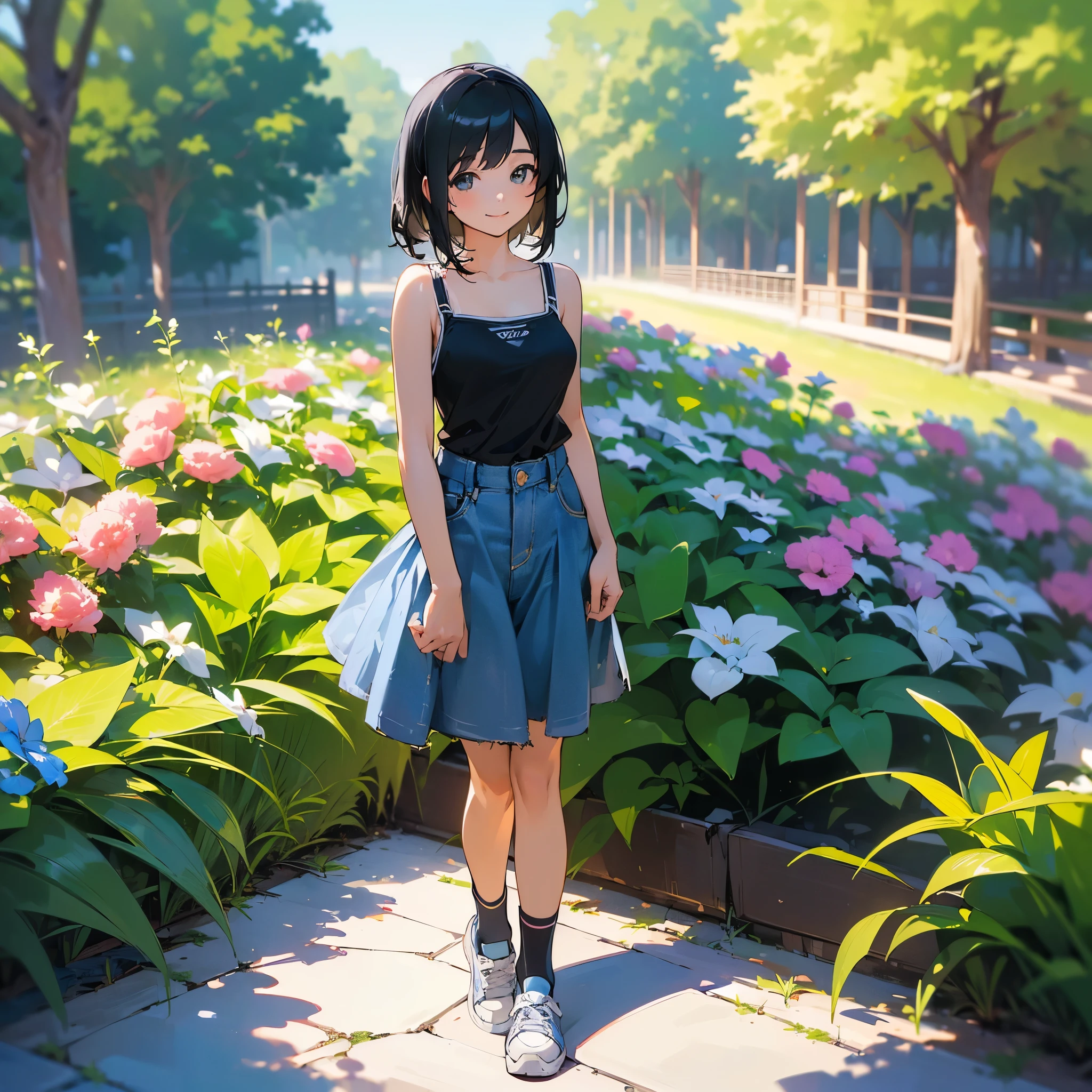 (high quality, High resolution, Very detailed, reality:1.37), Peaceful atmosphere, (Outdoor, garden), Teenage girl standing alone, (my breasts are big.), Beautiful details, Cute Smile, (Black bob hair), camisole, Denim skirt, Blue socks, sneakers.