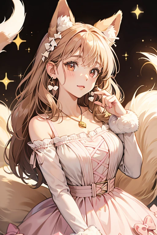 She has cream fur, brown tips on her ears, brown paws, a brown tail, black oval eyes, and a brown oval nose. She wears a necklace with a light pink heart pendant and a white bow around her tail. SPARKLE; GLITTER