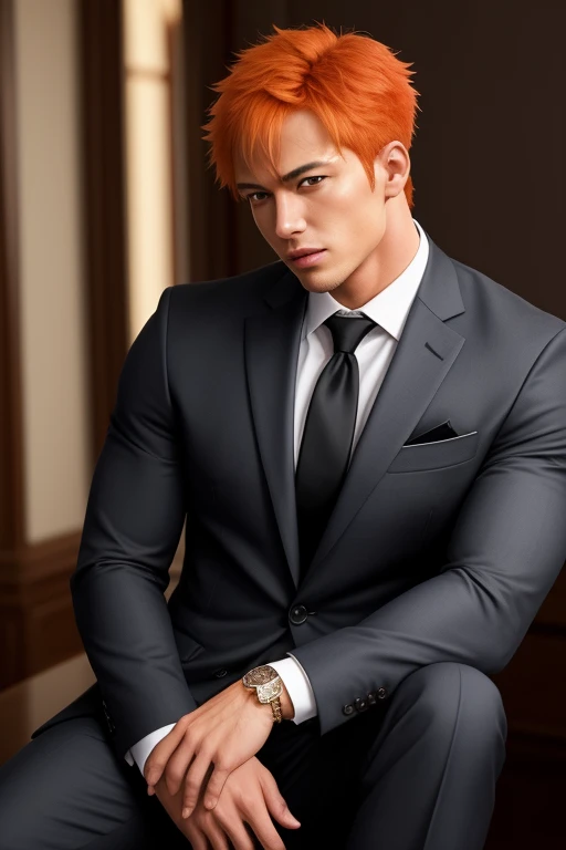 best quality,masterpiece,Ultra high detail,A handsome muscular man, orange haired Ichigo, in sexy suit