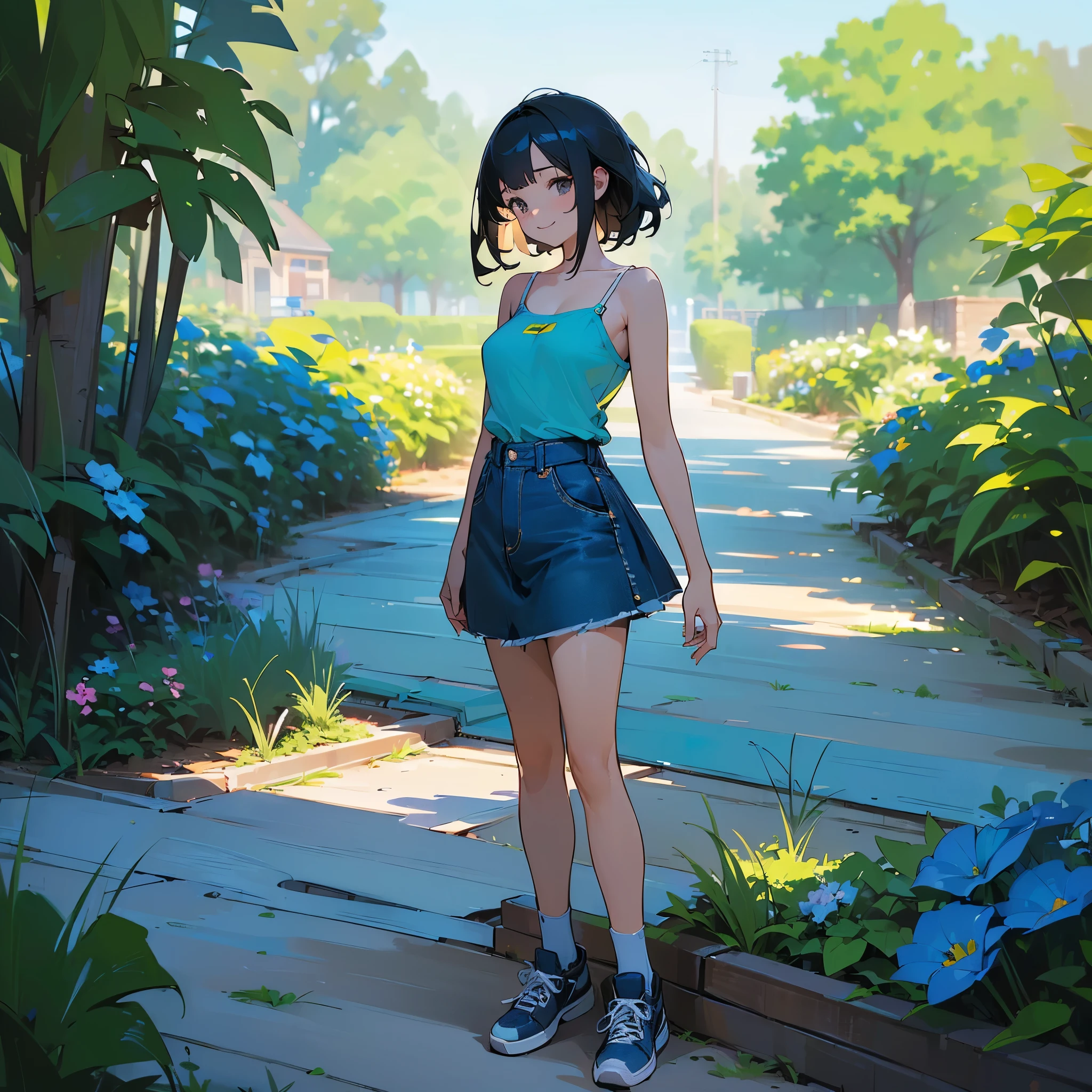 (high quality, High resolution, Very detailed, reality:1.37), Peaceful atmosphere, (Outdoor, garden), Teenage girl standing alone, (my breasts are big.), Beautiful details, Cute Smile, (Black bob hair), camisole, Denim skirt, Blue socks, sneakers.
