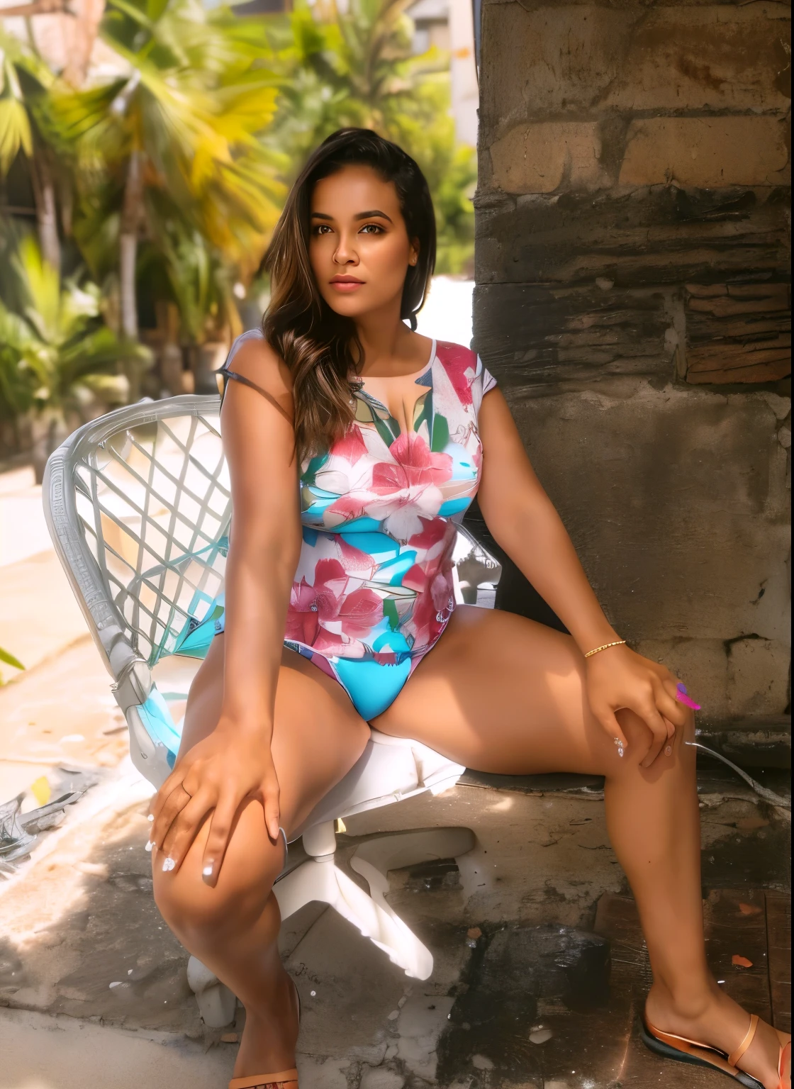 there is a woman sitting on a chair outside in a swimsuit, vestindo uma camiseta de renda branca transparente e calcinha de organza branca transparente, 3 Brazilian mother of 5 years, Mulher de 30 anos de Cuba, 3 0 anos mulher, malika favre, ela tem cerca de 50 anos, looks like fabiula nascimento, ela tem cerca de 4 0 anos, ela tem cerca de 40 anos