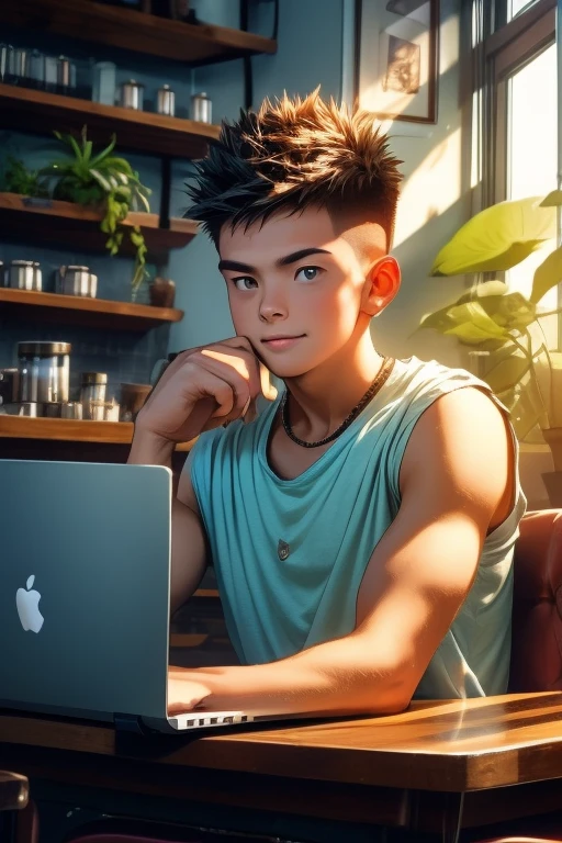 1man, 28years old, laptop, in a cafe, Wearing a T-shirt, sleeveless, Woody interior with lots of plants, early morning, Short spiked hair, crew cut hair, Young, Asian,