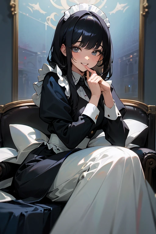 (Highest Resolution, clear_image) highest quality, Single person, One woman, alone, masterpiece, Very detailed, Semi-realistic, Black Hairのショートヘア, Black Hair, bangs, 18-year-old, mature, light blue uniform, uniform, Indoor Background, kind, Authoritative, Powerful, exquisite features, exquisite features、Eyelashes become longer、Showing teeth、smile😀、Maid clothes、woman&#39;Fingers in the、Sleeping on the sofa、Catchlight in the eyes、