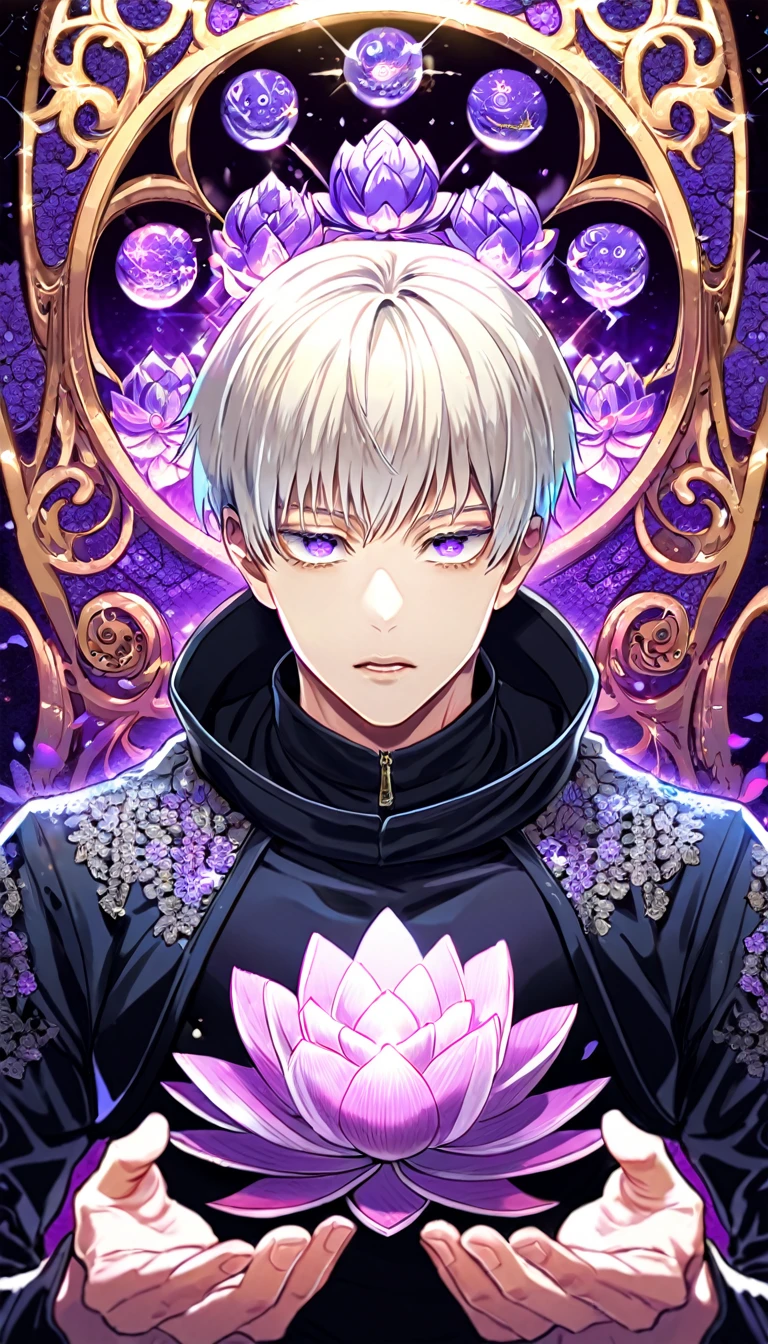 Ultra detailed, Highres, absurdres, HDR, Inumaki Toge, platinum-blond hair, expressive purple eyes, black coat with patterns, Jujutsu Kaisen, black tight shirt, fantasy, glittering, petals, handsome, sexy man, solo, very detailed eyes and face, master piece, glittering, purple lotus, water, toned chest, purple background, magic